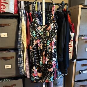 Bebop Black Floral Satin Sweetheart Full Front Zip Dress Sz Small Floral Multi
